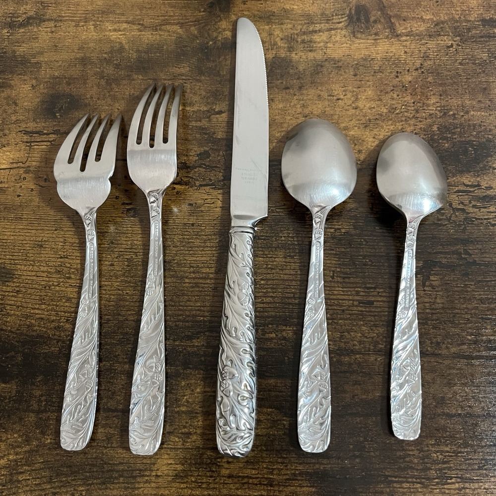 Vtg Reed And Barton Oakleaf Acorn 5 Piece Place Setting Stainless Steel Flatware - Picture 4 of 9